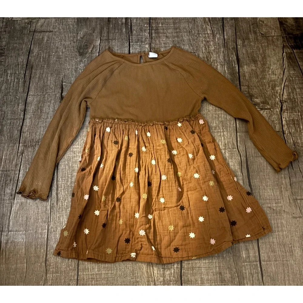 Old Navy Girls Brown Ribbed Star Print Long Sleeve‎ Dress Size 4T